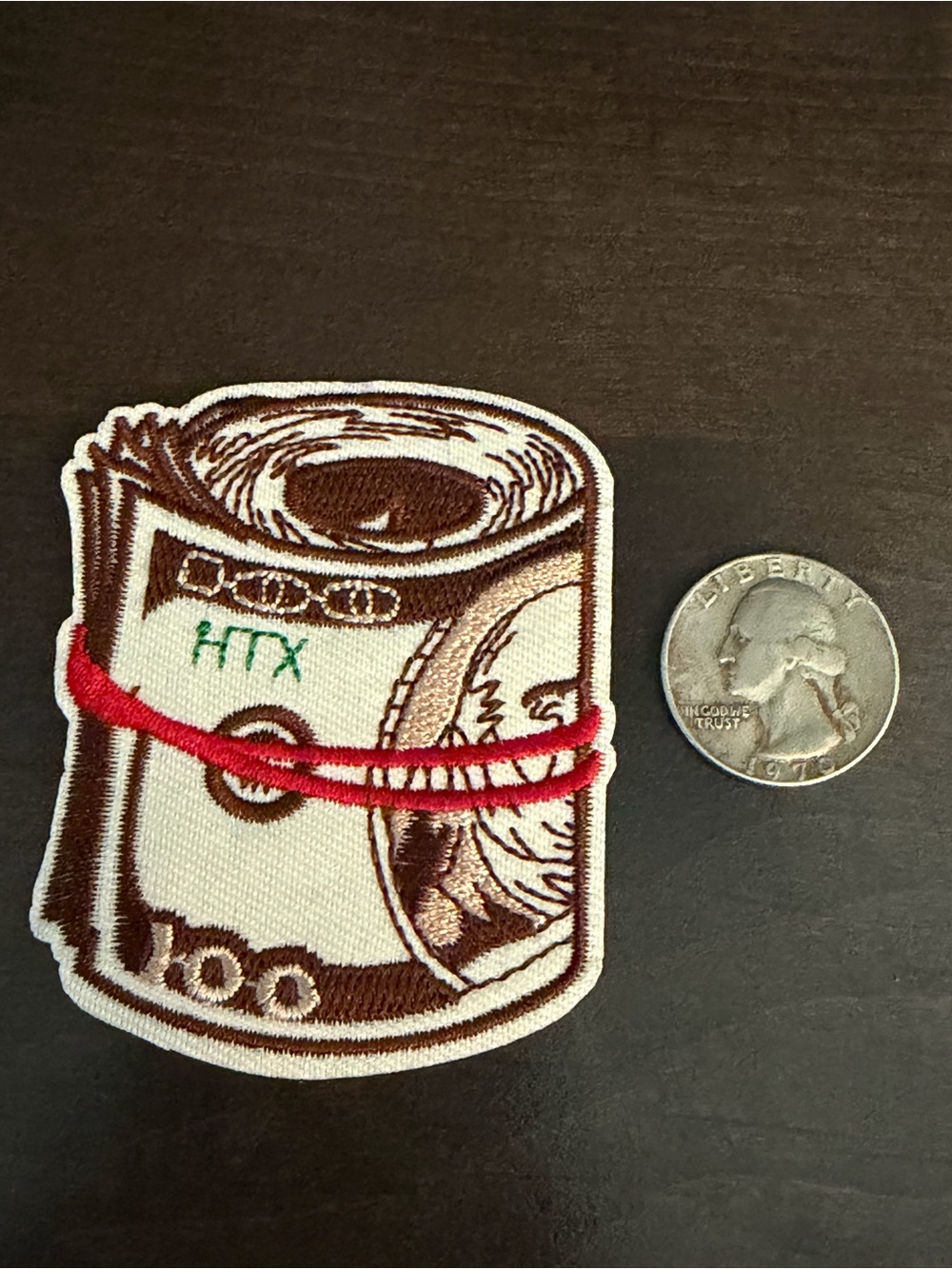 Embroidered Rolled Cash Patch - White and Brown with Red Accent